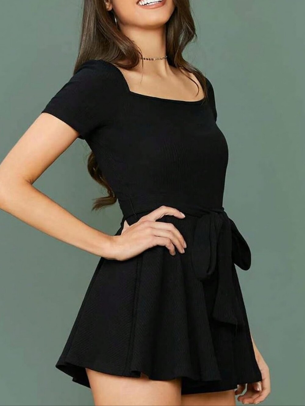 WDIRARA Square Neck Short Sleeve Belted Wide Leg Romper Shorts Jumpsuit Size S
